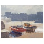 Derek Williams RBSA FRSA (British, 20th Century), Fishing boats beached, Oil on panel, signed.12.5 x