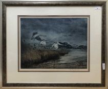 British School, Contemporary, Geese in flight, indistinctly signed in pencil in the margin. Framed