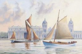 Kenneth Grant (British, 20th Century) Sailboats on the Thames before Greenwich's Old Royal Naval