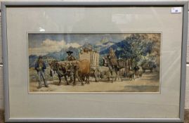 Tristram James Ellis (British, Late 19th Century) Peasants operating a bullock cart. Watercolour,