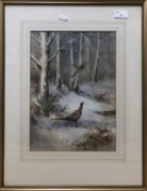Roland Green (British, 20th Century), A pair of pheasants in a winter landscape, watercolour,