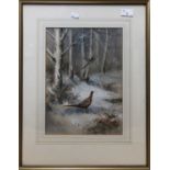 Roland Green (British, 20th Century), A pair of pheasants in a winter landscape, watercolour,