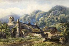 British School, 19th Century, A hillside cottage, watercolour, indistinctly signed.10.5 x 14.5