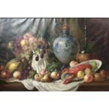 Late 19th/ Early 20th Century, Still Life with fruit and lobster, oil on canvas, indistinctly
