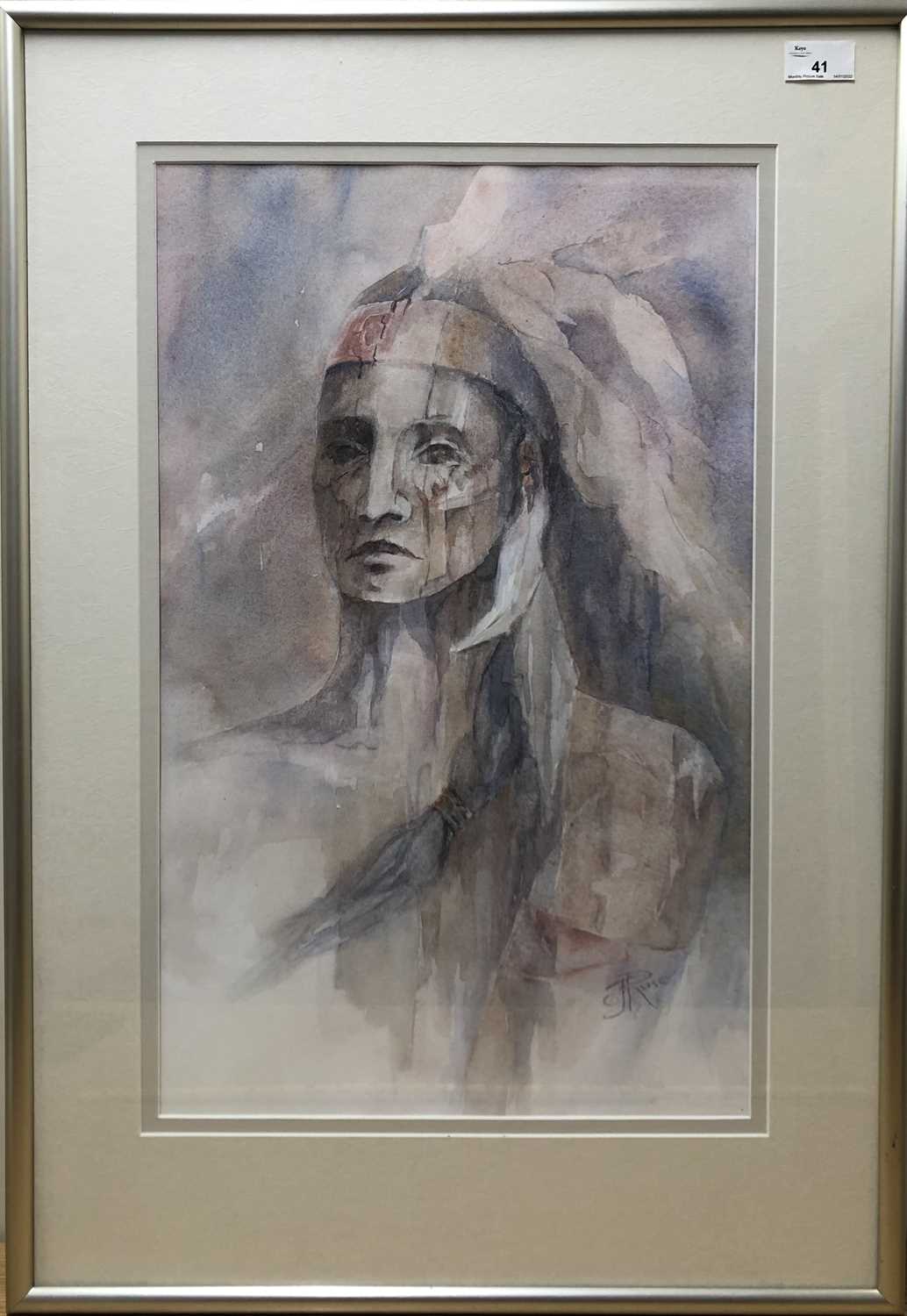 Judy Jepson, Contemporary, "Pride and Dignity portrait of an Indian Brave", watercolour on paper,