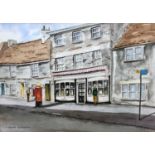 Walter Richards (British, 20th Century), An English village shop and post box, watercolour,