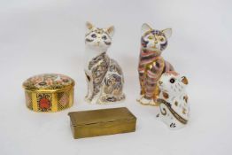 Group of Royal Crown Derby wares including two cats and small Royal Crown Derby circular box, in the