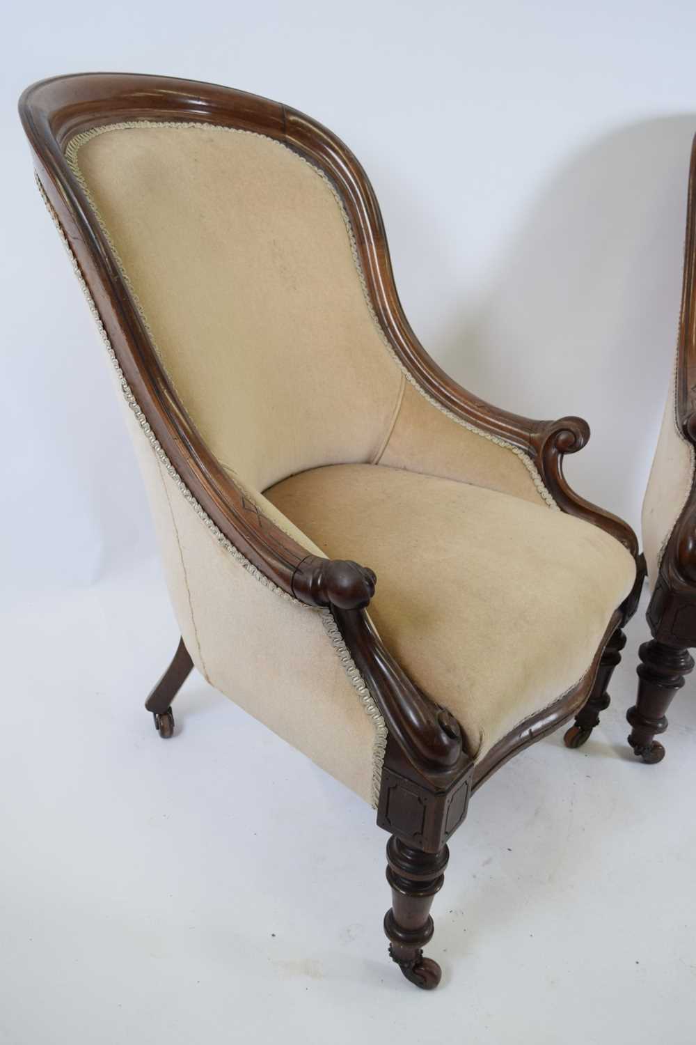 Near pair of Victorian mahogany framed armchairs upholstered in mushroom fabric raised on turned - Image 2 of 3