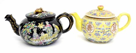 One Chinese tea pot,and one famille noir English Teapot, decorated in polychrome with Chinese