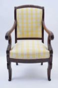 Victorian mahogany framed carver chair with scrolled arms and short cabriole front legs, upholstered