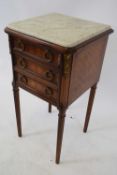 Late 19th century French parquetry inlaid marble topped side cabinet with single drawer over a