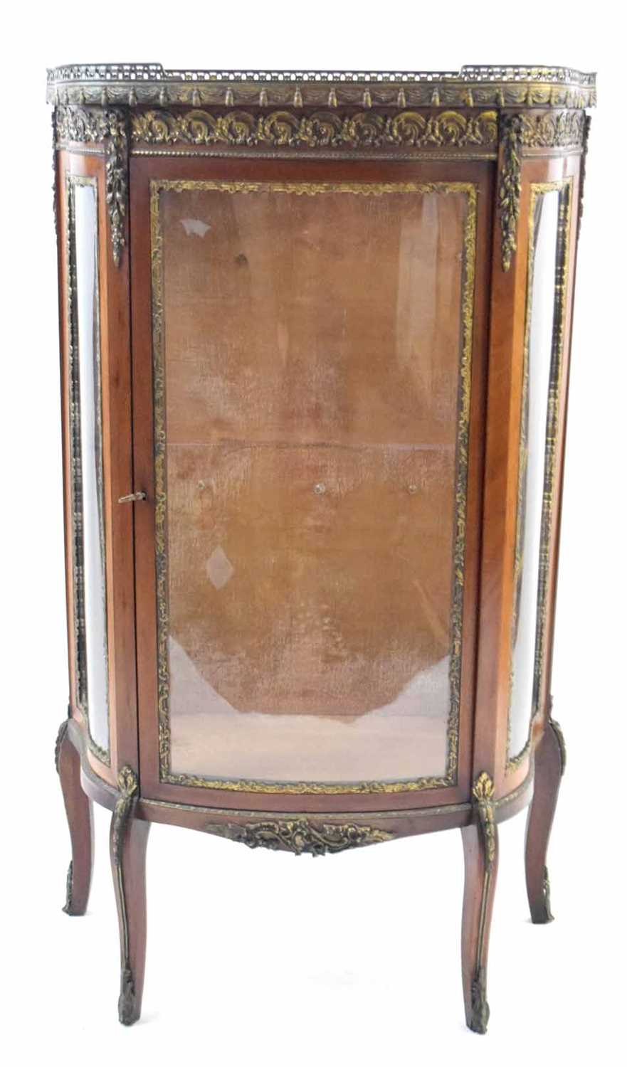 French late 19th or early 20th century bow front china display cabinet or small vitrine, the top