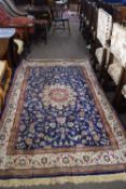 Rich blue ground full pile Kashmir Charbass medallion design 240cm x 156cm