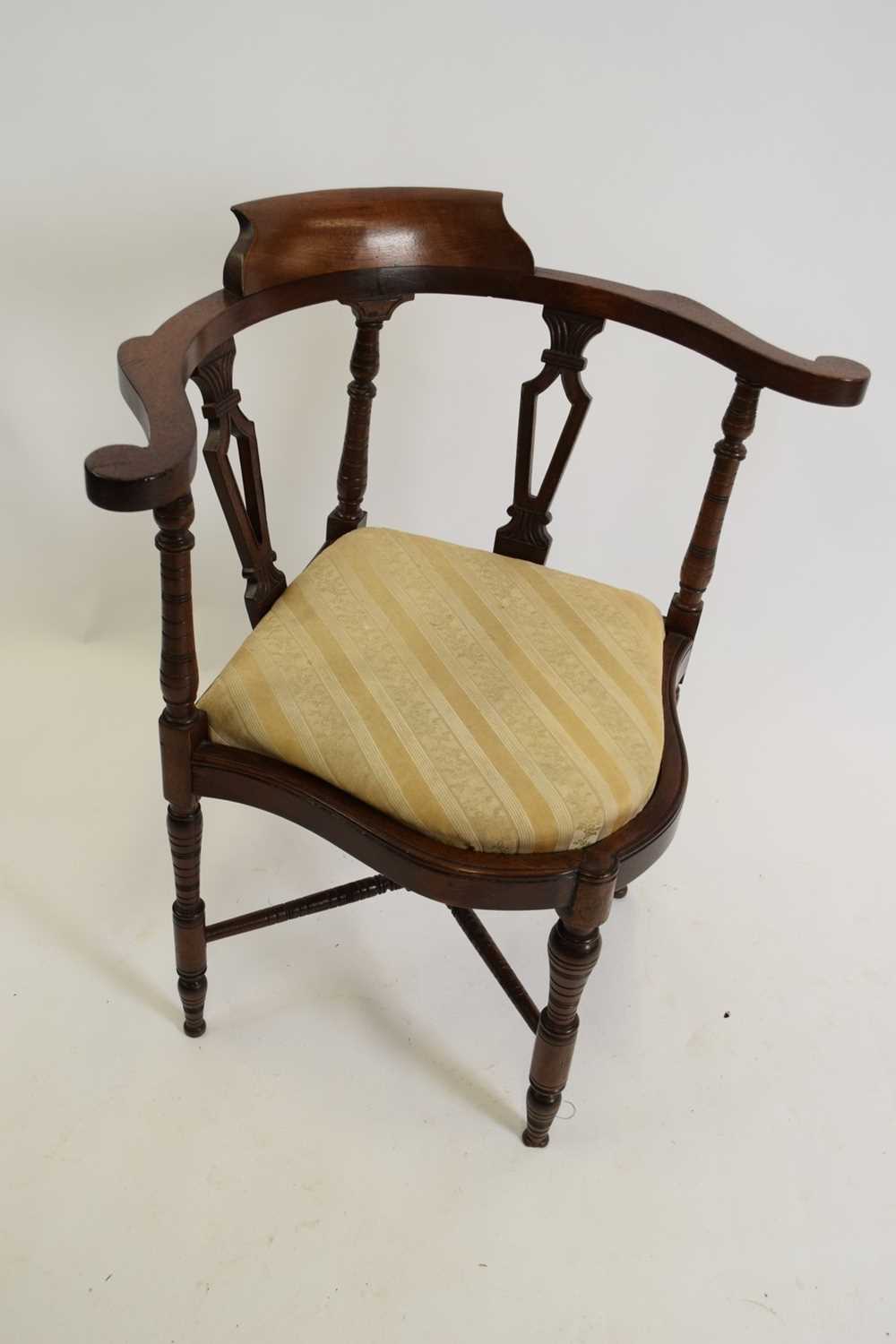 Edwardian mahogany framed corner chair with striped upholstered seats, 68cm wide
