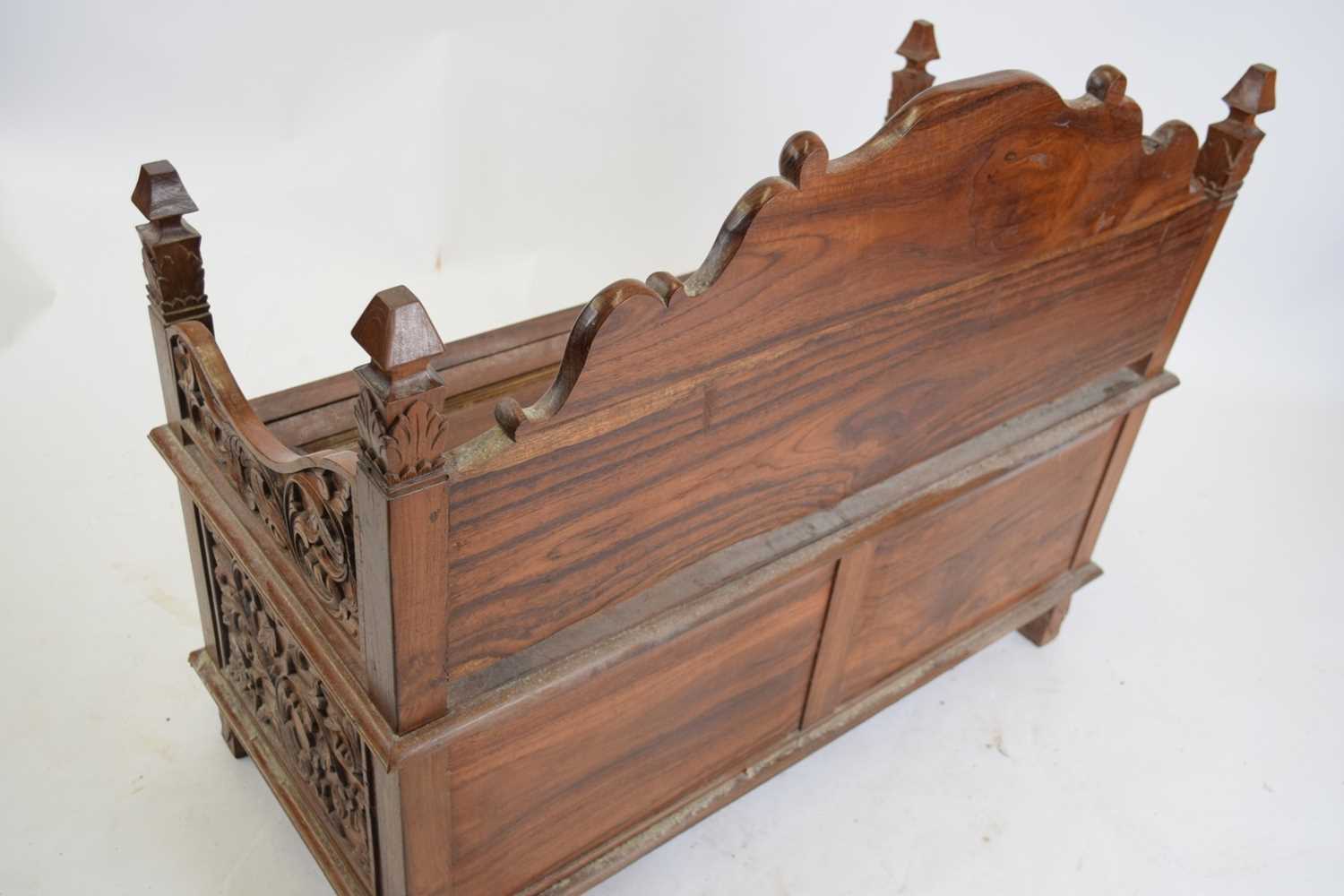 20th century Far Eastern hardwood settle, elaborately carved all over with lion and shield detail to - Image 4 of 4