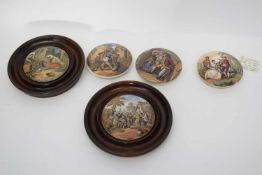 Quantity of pot lids, two in wooden circular frames, one entitled 'Both Alike', the other 'The