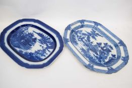 Large pearlware dish with boy on the buffalo pattern in blue together with a further pearlware