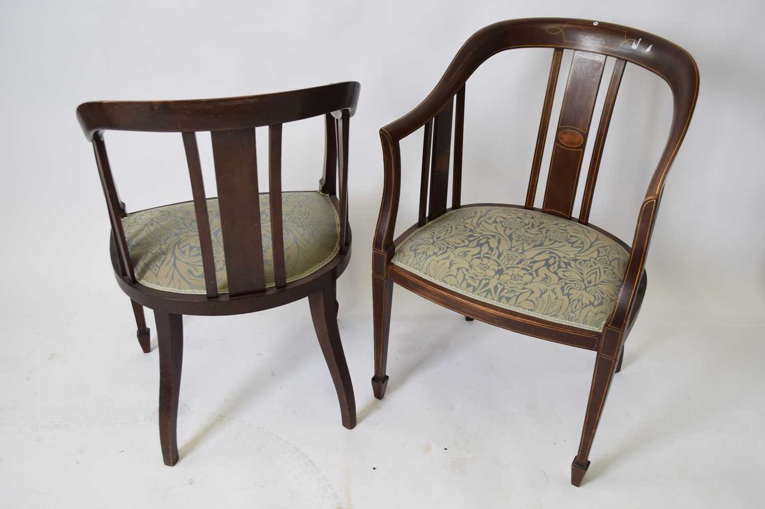 Pair of Edwardian mahogany framed bow back side chairs with blue floral upholstered seats, set on - Image 3 of 3