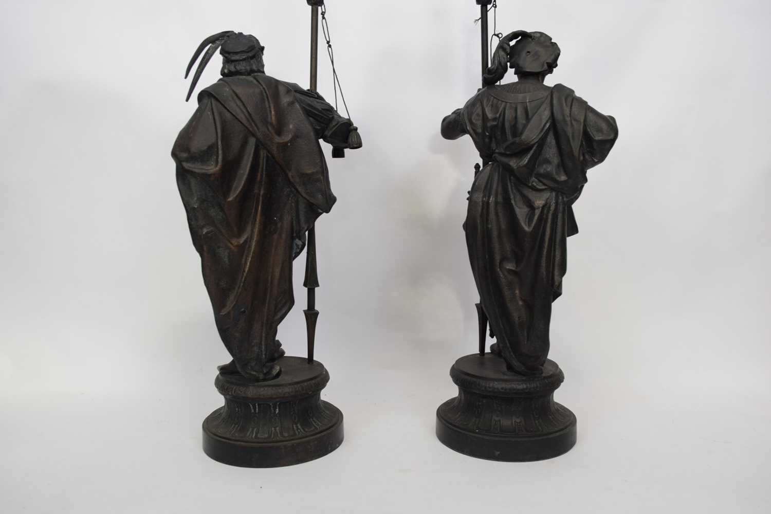 Two large spelter figures of European warriors, both holding spears, mounted on circular bases - Image 5 of 5