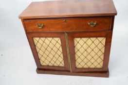 19th century mahogany small sideboard with single drawer over two mesh and fabric covered doors,