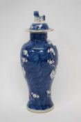 Chinese porcelain vase, blue ground with prunus decoration with matching cover, 27cm high