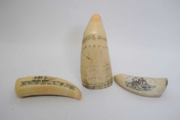 Number of scrimshaw tusks, decorated with ships, (3)