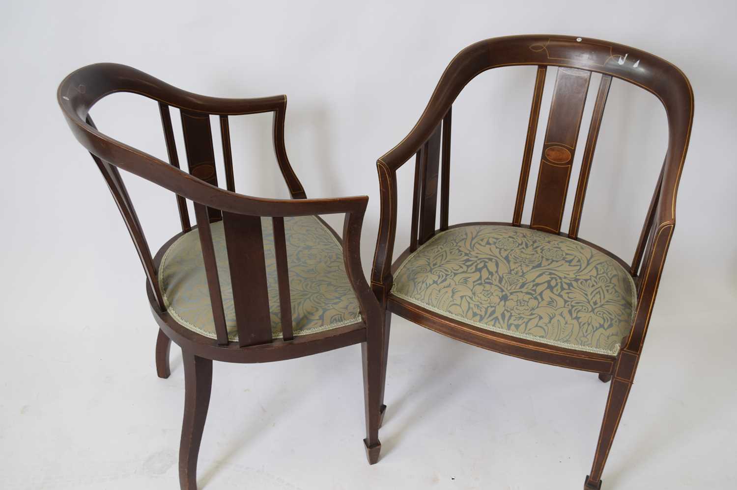 Pair of Edwardian mahogany framed bow back side chairs with blue floral upholstered seats, set on - Image 2 of 3
