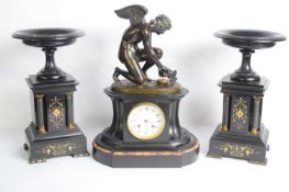 19th century French black slate and marble mounted mantel clock, the case surmounted by a bronze