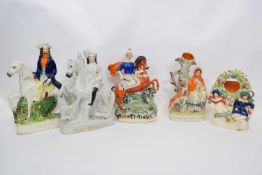 Group of Staffordshire figures including Little Red Riding Hood, George and the Dragon and Tom