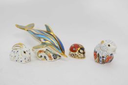 Royal Crown Derby paperweight modelled as a dolphin, together with Poppy mouse, Ladybird and Rabbit,