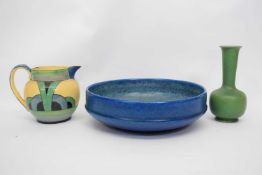 Art Deco pottery jug together with a Pilkington green glazed vase and Pilkington bowl with blue