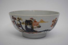 18th century Chinese Imari porcelain bowl, decorated with a pagoda and trees in iron red and blue