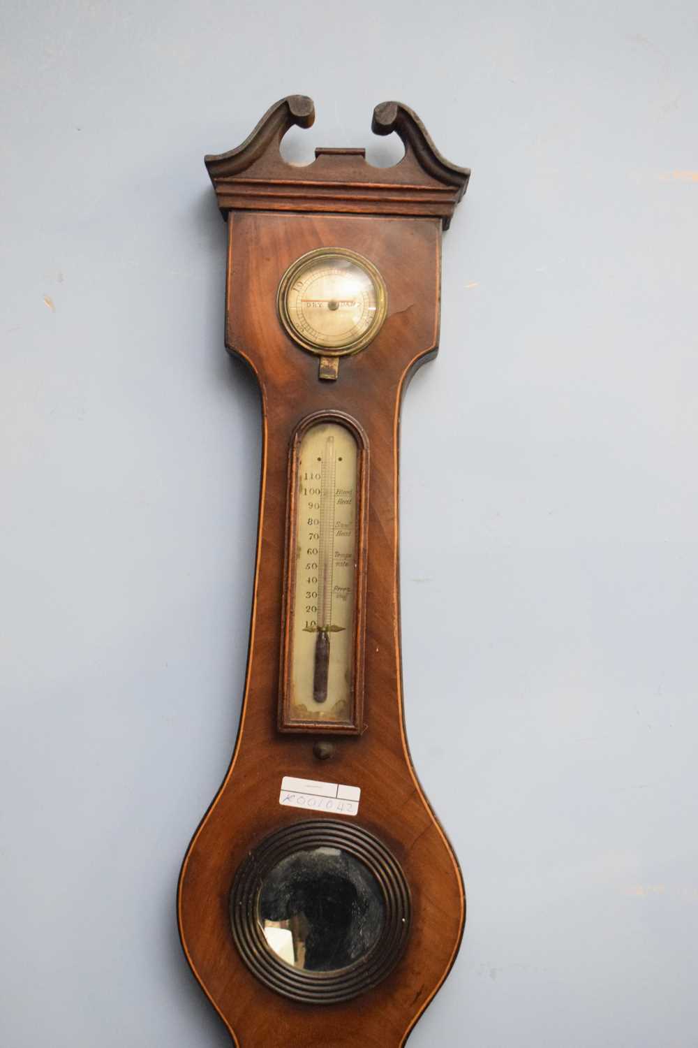 19th century mahogany cased barometer with broken arch pediment over a body with damp/dry meter, - Image 2 of 3