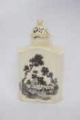 18th century cream ware caddy with black printed designs