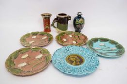 Quantity of Continental pottery Majolica style Art Nouveau plates together with a Branham Barum