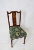 Set of four late Victorian mahogany framed dining chairs, the backs decorated with inlaid Art