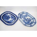 Large pearlware dish with boy on the buffalo pattern in blue together with a further pearlware