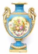 Large 19th century English porcelain vase, the light blue ground with central cartouche painted with