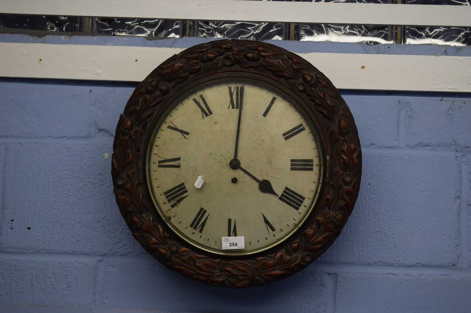 19th century wall clock with circular enamelled dial with Roman numerals to a single fusee