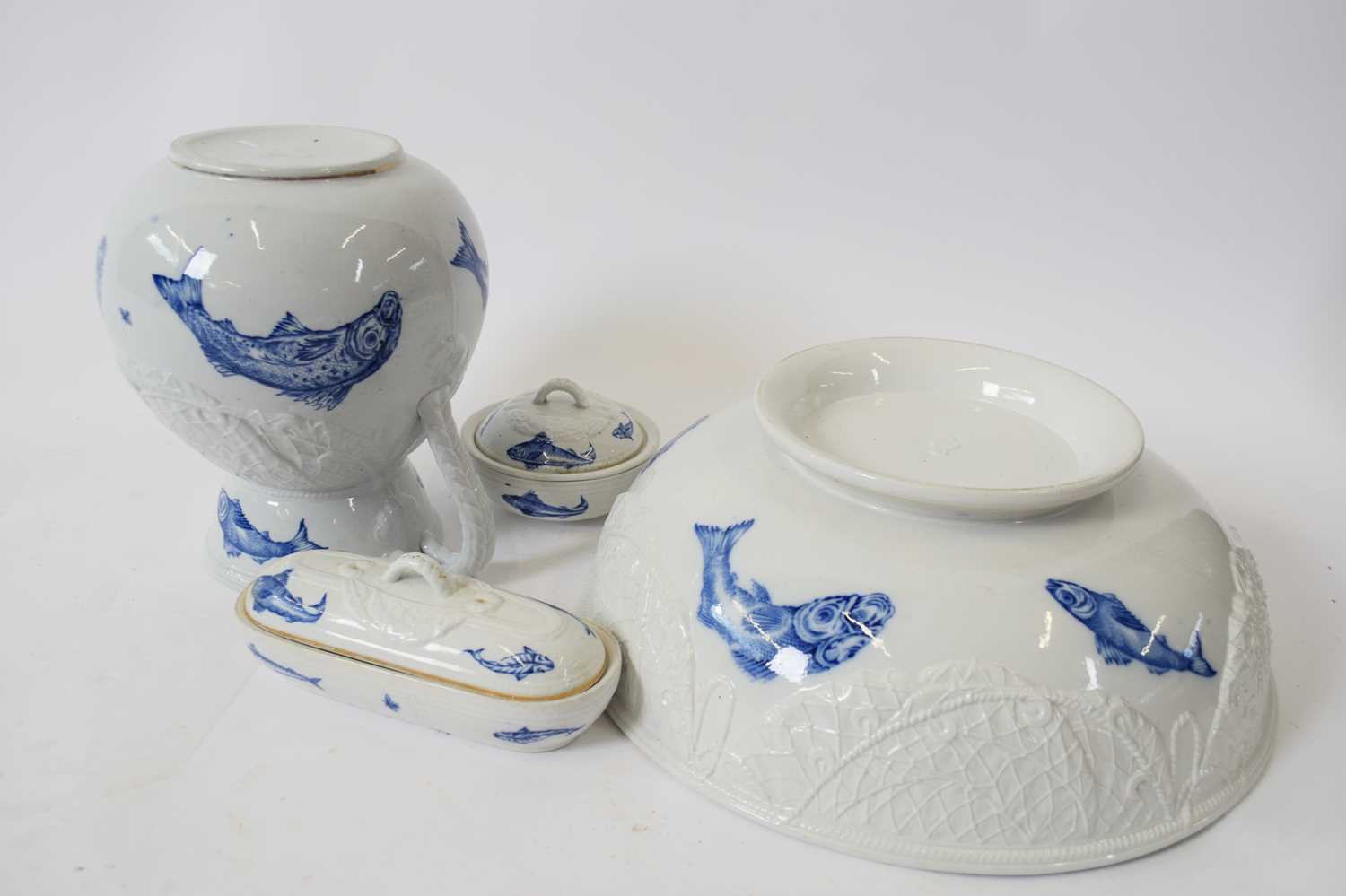 Victorian four piece wash stand set comprising jug, bowl and two soap dishes decorated with fish, - Image 2 of 3