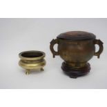 Chinese metal censer with Xuande mark to base on wooden stand with cover, together with further