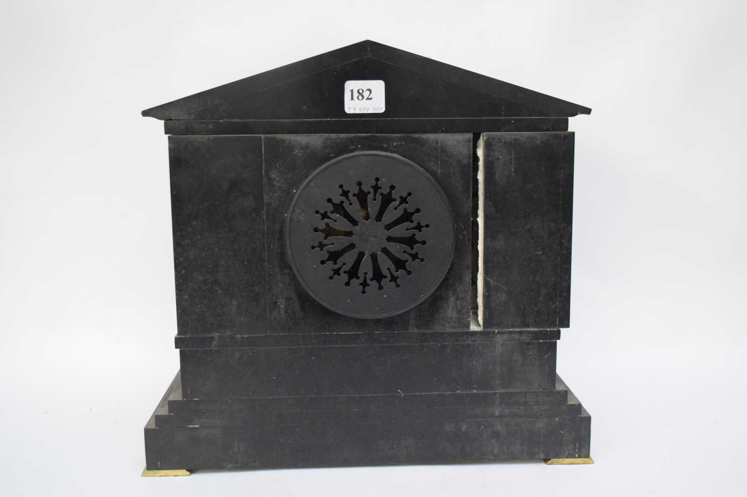 Late Victorian black slate cased mantel clock, the dial with Roman numerals to a twin train movement - Image 3 of 5
