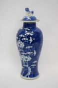 Chinese porcelain vase, blue ground with prunus decoration with matching cover and lion finial, 32cm