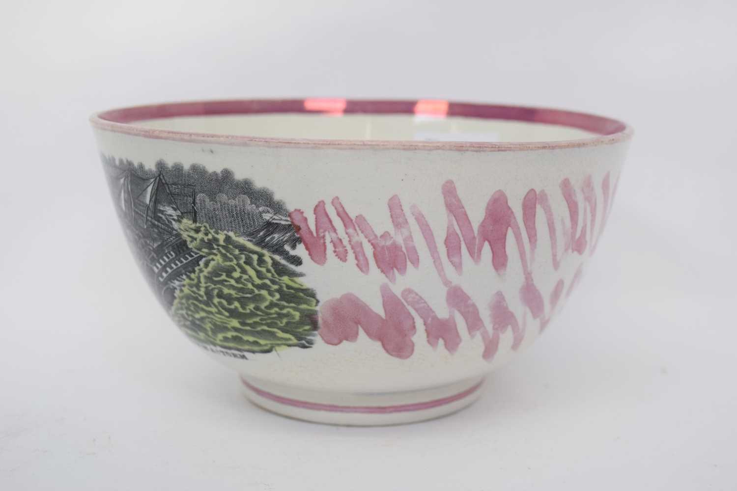 Sunderland lustre bowl with a view of Sunderland Bridge and the Agamemnon in a storm verso, 19cm