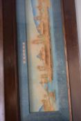 Pair of Far Eastern diorama pictures of lakeside buildings and scenery, f/g, 65cm wide