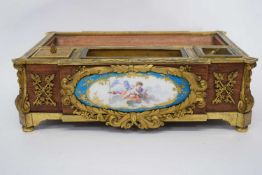 Part late 19th century wooden desk set with brass mounts and cartouche with Sevres type porcelain