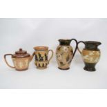 Group of Doulton wares including a jug with sprigged Egyptian design, further jug with sporting