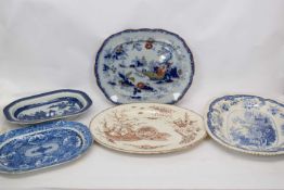 Group of pearlware and pottery serving dishes, mid to late 19th century, with blue and white and