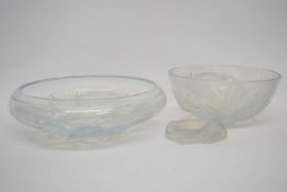 Group of glass wares with registered design numbers including two opalescent glass bowls with