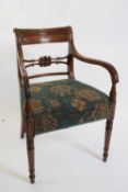 19th century mahogany framed carver chair with green upholstered seat, 80cm high